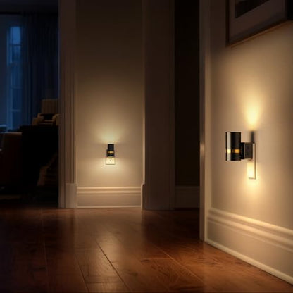 LED Night Light, 2 Pack, Dimmable Night Light Plug in | Black Cylinder Wall Sconce, Slide Brightness Adjustable with Dusk to Dawn Sensor, 3000K Warm White for Bedroom
