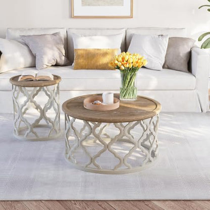 karlott Farmhouse Coffee Table, French Country Tray Round Coffee Table | Solid Wood Veneer Tabletop, Curved Motif Frame Base, Coastal Boho Center Table, Small Rustic Coffee Tables for Living Room - size: Tray Coffee Table 30 Inches