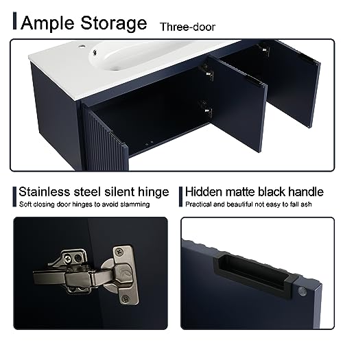 Malwee 48 Inch Floating Bathroom Vanity with Waterdrop Resin Sink, 3 Doors, Navy Blue