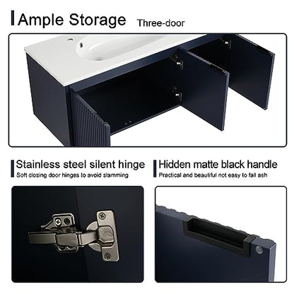 Malwee 48 Inch Floating Bathroom Vanity with Waterdrop Resin Sink, 3 Doors, Navy Blue
