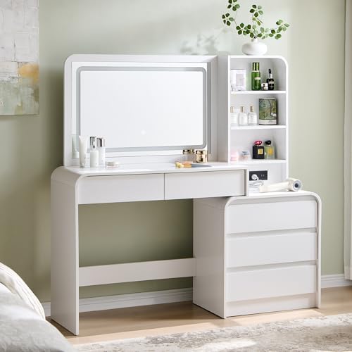 Aitjunz Vanity Desk with Mirror and Lights, 50” Modren Makeup Vanity with 35.43" Mirror and 5 Drawers, Makeup Table with Charging Station for Women and Girls, Bedroom (White) - color: White