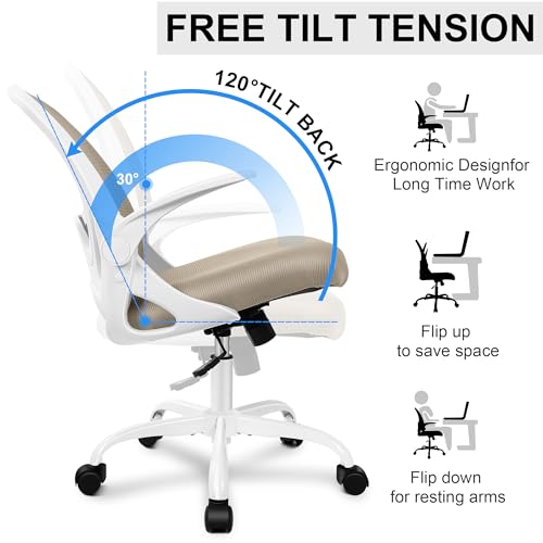 Office Chair Ergonomic Desk Chair with Flip up Armrests Swivel Breathable Desk Mesh Computer Chair with Adjustable Lumbar Support and Height for Conference Room (Khaki) - color: Khaki