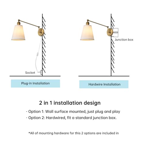 Retro Swing Arm Wall Sconce Plug in Wall Lamp Single Sconce Light Fixture with White Fabric Shade for Bedroom Living Room Home Office - color: Antique Gold