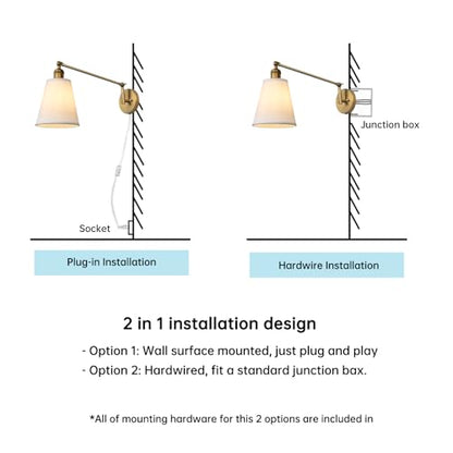 Retro Swing Arm Wall Sconce Plug in Wall Lamp Single Sconce Light Fixture with White Fabric Shade for Bedroom Living Room Home Office - color: Antique Gold