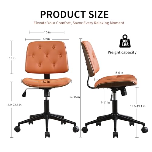 VipDesk Small Home Office Chair - Armless Mid Back Desk Chair with 360° Swivel and Wheels, PU Upholstered Height Adjustable Modern Walnut Computer Chair for Home, Office Meeting Room - Orange - color: Orange, size: Button Style