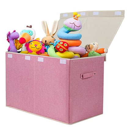 Large Toy Box Chest Storage with Flip-Top Lid, Kids Toy Storage Bin Boxes | Toy Chest with Rivets Handles for Kids, Boys, Girls, Nursery, Playroom, Living Room, Bedroom, 25"x 13" x 16" (Linen Pink) - color: Large Pink