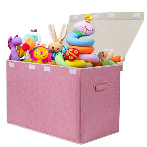 Large Toy Box Chest Storage with Flip-Top Lid, Kids Toy Storage Bin Boxes | Toy Chest with Rivets Handles for Kids, Boys, Girls, Nursery, Playroom, Living Room, Bedroom, 25"x 13" x 16" (Linen Pink) - color: Large Pink