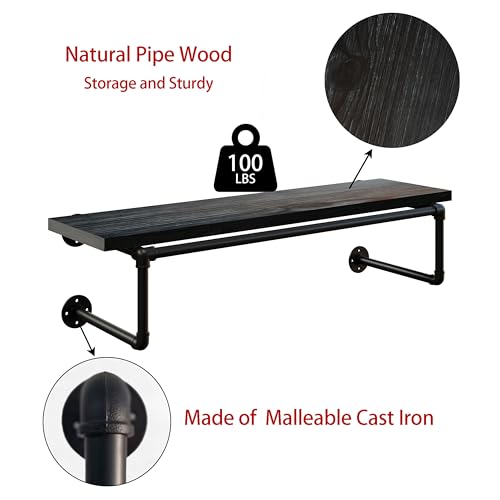 Clothes Rack 36in, Wall Mounted Garment Racks with Real Black Wood Shelf, Heavy Duty Hanging Clothes Rack, Multi-Purpose Hanging Rod, Space-Saving Closet Storage - color: Black, size: 1T36IN