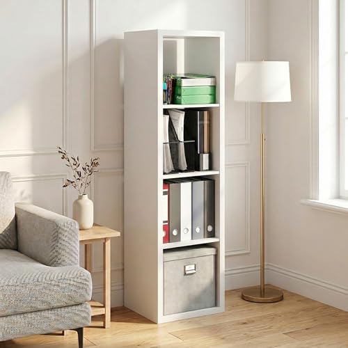 4-Cube Tall Bookshelf, Cubicle Shelf Bookcase with Open Back, Position Reversible Book Shelf, 15 x 16 x 58, for Home Office, Living Room, White - color: White, size: 4 Tier