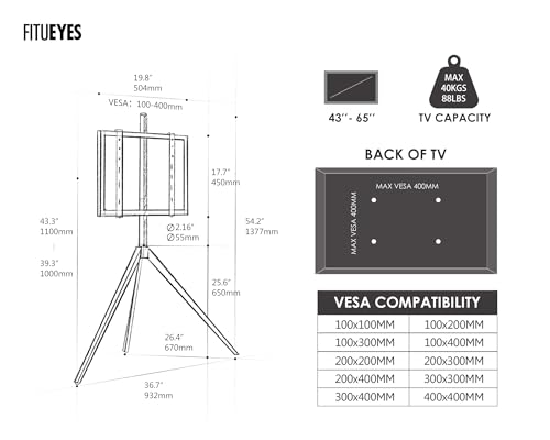 FITUEYES Corner TV Stand for 43-65 Inch TVs, Height Adjustable Metal Tripod Easel TV Stand Modern TV Floor Mount with Concealed Storage for Bedroom Living Room, Picasso Series