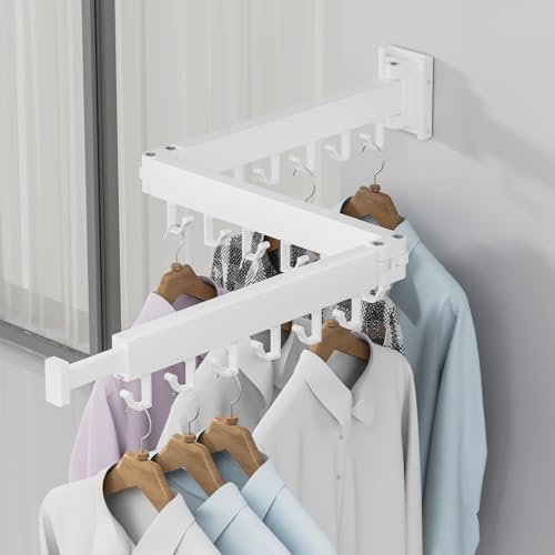 Dr.DJ Clothes Drying Rack for Laundry, Retractable Clothes Hanger Rack Wall Mounted Folding Indoor, Drying Rack, Space Saver Clothes Rack,Collapsible (Tri-Fold) with 18 J-Hooks Laundry Rack White - color: White
