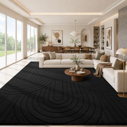 Sour Lemon Area Rugs 9x12 Living Room Bedroom, Modern Washable Rug Black | Machine Carpet Non-Slip, Soft Large Fluffy Plush Thick, Big, Geometric High-Low Pile Nersy Rug for Kids Dining Room - color: Black, size: 9' x 12' (Rectangular)