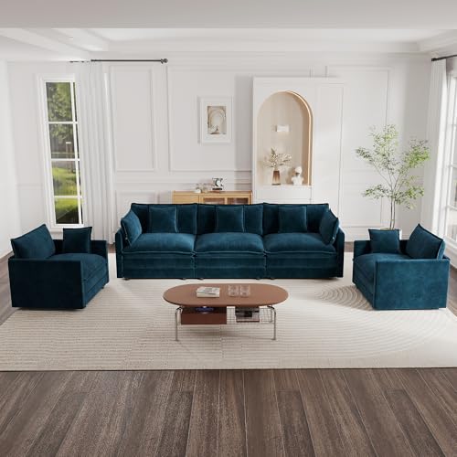 Luxury 3 Piece Sofa Set, 2 Pieces of Single Sofa and 1 Piece of 3 Seater Sofa, Modern Chenille Comfy Cloud Couches Set with 7 Pillows for Living Room Office, Blue - color: Blue, size: 3+1+1
