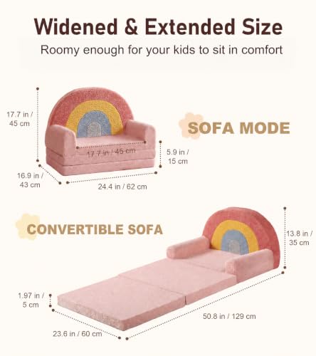 little dove Extra Wide Soft Kids Couch Fold Out, 2-in-1 Kids Couch, Convertible Kid Sofa, Kid Furniture for Playroom, Ideal Gifts for Boys & Girls Ages 3+, Pink