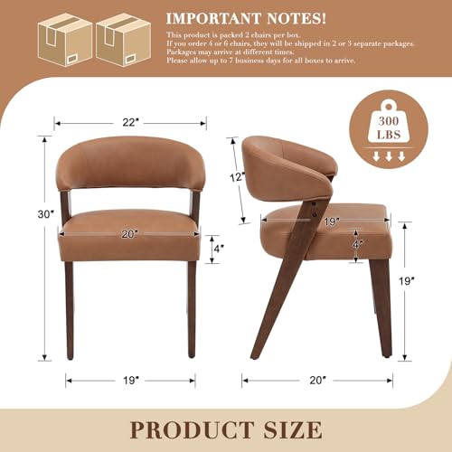 Brown Faux Leather Dining Chairs with Arms Set of 2, Mid Century Modern Kitchen & Dining Room Chairs, Barrel Backs/Walnut Solid Wood Legs, Upholstered Comfortable Accent Chairs for Living Room - color: Brown