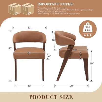 Brown Faux Leather Dining Chairs with Arms Set of 2, Mid Century Modern Kitchen & Dining Room Chairs, Barrel Backs/Walnut Solid Wood Legs, Upholstered Comfortable Accent Chairs for Living Room - color: Brown