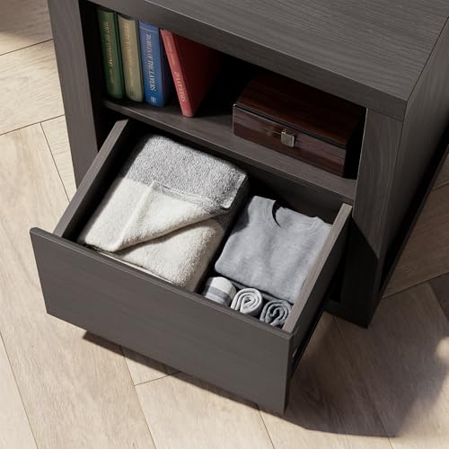 Wabi-sabi Style Nightstand, Modern Bedside Table with Charging Station,Thickened Wood End Table with Drawer Storage & Open Shelf, Night Stand for Bedroom, Black - color: Black