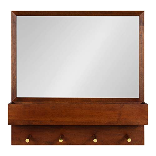 Kate and Laurel Hinter Mid-Century Framed Wall Mirror with Pocket Shelf, 24 x 24, Walnut Brown, Organizing Mail Holder and Wall Hooks