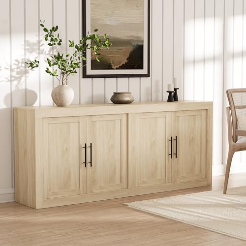 Garvee 70.8 in Sideboard Buffet Cabinet with Storage, Mid Century Modern Accent Cabinet with 4 Wooden Doors, Coffee Bar Credenza for Living Room, Dining Room, Hallway, Natural | Farmhouse Style, Large 4-Door Storage, Adjustable Shelves, For Dining & Kitch