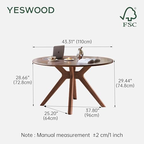 43.3’’ Round Black Walnut Dining Table for 4-6, Solid Wood Kitchen Table with Intersecting Pedestal Base, Farmhouse Circle Table for Dining Room, Living Room - color: Walnut
