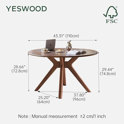 43.3’’ Round Black Walnut Dining Table for 4-6, Solid Wood Kitchen Table with Intersecting Pedestal Base, Farmhouse Circle Table for Dining Room, Living Room - color: Walnut