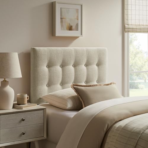 Modway Emily Twin Size Fabric Headboard in Linen - Linen-Like Upholstery with Button Tufting and 7 Adjustable Height Positions - color: Linen, size: Twin
