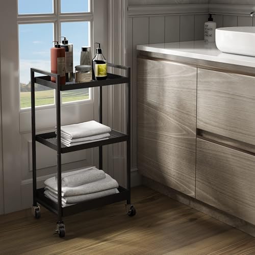 3-Tier Metal Utility Rolling Cart, Heavy Duty Multifunction Rectangular Cart with Lockable Casters, Easy to Assemble, Suitable for Office, Bathroom, Kitchen - Black - color: Black, size: 31.2"H