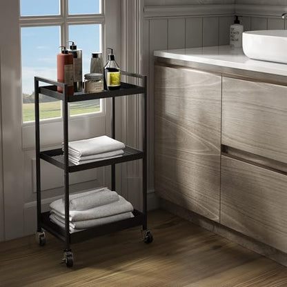 3-Tier Metal Utility Rolling Cart, Heavy Duty Multifunction Rectangular Cart with Lockable Casters, Easy to Assemble, Suitable for Office, Bathroom, Kitchen - Black - color: Black, size: 31.2"H