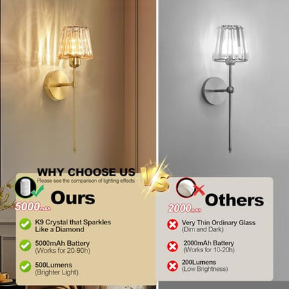 Battery Operated Crystal Wall Sconce Set of 2, Amber Rechargeable Wireless Wall Sconces with Remote Dimmable 12 Colors Modes Led Wall Lights for Bedroom Living Room Hallway, 2 Bulbs Included - color: Amber