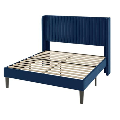 Allewie Queen Size Velvet Bed Frame/Vertical Channel Tufted Wingback Headboard/Upholstered Platform Bed/Strong Wooden Slats/No Box Spring Needed/Easy Assembly/Dark Blue - color: Blue, size: Queen