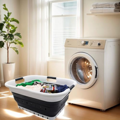SAMMART 41L Collapsible 3 Handled Plastic Laundry Basket - Foldable Pop Up Storage Container/Organizer - Portable Basket - Space Saving Hamper/Basket (3 handled rectangular, White/Black) - color: White/Black