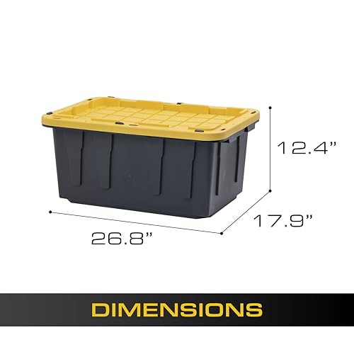 CX Heavy Duty 17-Gallon Stackable Plastic Storage Bins with Lids, 4 Pack | Storage totes for garage organization, Stackable containers, weather-resistant, snap lid, 12.5H x 18W x 26.9D, Black/Yellow - size: 17 Gallons