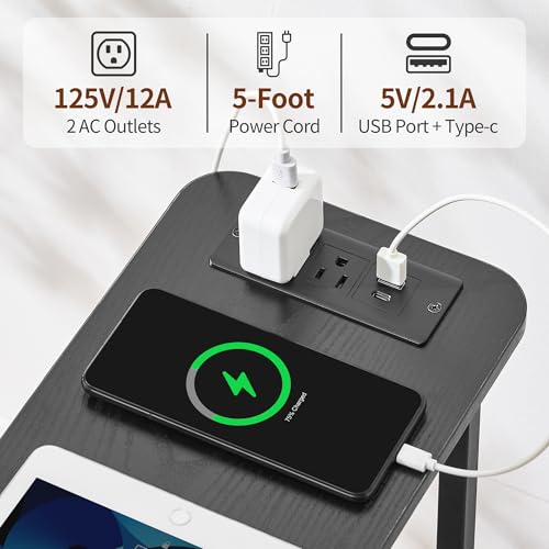 Narrow End Table with Charging Station, Narrow Side Table with Drawer, Small Nightstand with LED Light, Skinny Nightstand, Small Bedside Table for Living Room, Bedroom, Couch, Black - color: Black, size: 7.9" W x 18.9" D, style: Power + Light