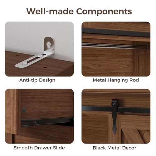 IRONCK Armoire Wardrobe Closet with 4 Drawers,71" Wardrobe Cabinet with Sliding Barn Doors, Tall Clothing Storage Cabinet with Hanging Rod and Shelves for Bedroom,Walnut - color: Walnut