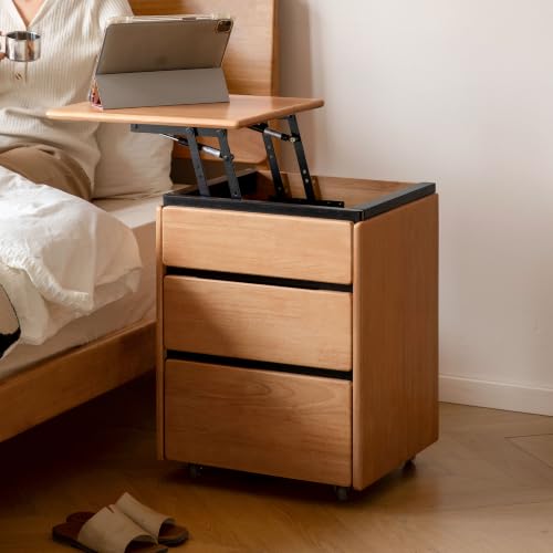100% Solid Wood Swivel Lift Top Nightstand with Wheels, Rolling Side Table with 3 Drawers, No Assembly Mobile End Table Small Spaces, for Bedroom, Living Room - color: Natural, size: 1 pc(15.75"D x 17.72"W x 23.62"H)