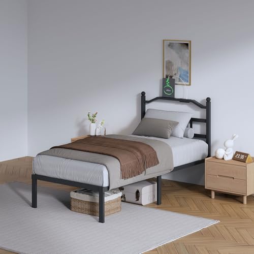 SHOANED Metal Bed Frame with Headboard - 14 Inch Twin XL Size Heavy Duty Bedframe with Charging Station Black Basic Steel Slats Platform No Box Spring Needed/Noise Free - size: Twin XL, style: 14 Inch with Charging Station
