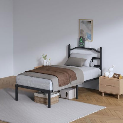 SHOANED Metal Bed Frame with Headboard - 14 Inch Twin XL Size Heavy Duty Bedframe with Charging Station Black Basic Steel Slats Platform No Box Spring Needed/Noise Free - size: Twin XL, style: 14 Inch with Charging Station