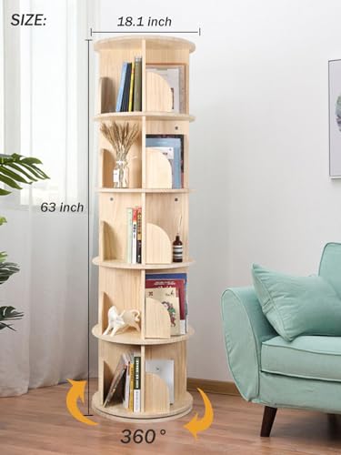 Bear Qiaqia Rotating Bookshelf, 360 Display 5 Tier Floor Standing Bookcase Storage Rack for Kids&Adult, Wood Narrow Book Shelf Organizer for Bedroom, Living Room, Study Room(63 * 17.32 * 17.32inch) | Spinning Bookshelf Tower with Large Capacity for Small