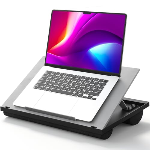 HUANUO Lap Desk with 8 Adjustable Angles – Up to 15.6" Laptop, Grey | Dual-cushion base, carry handle, 30% thicker for durability, wider anti-slip ledge, for home office, sofa, bed, car - color: Gray