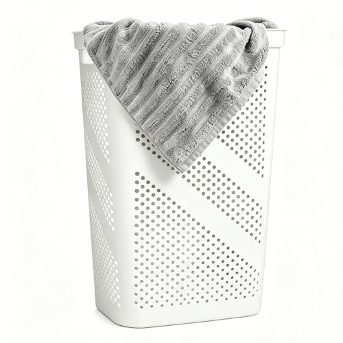 24 Inch Plastic Laundry Hamper with Lid, Slim Ventilated Clothes Basket and Large Dirty Cloth Towel Storage Bin for Laundry Rooms, Bathrooms and College Dorms, White