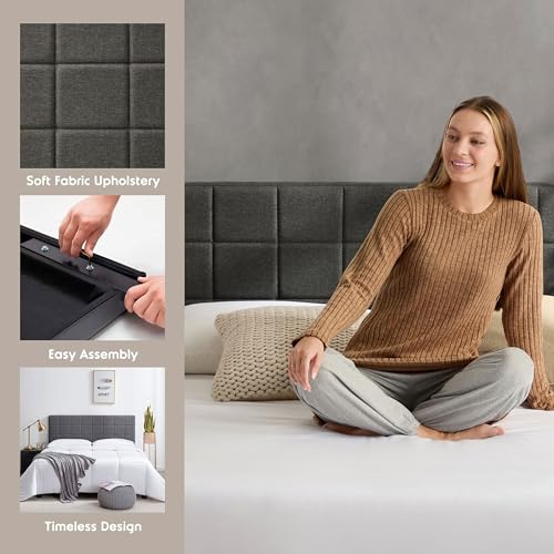 Hearth & Harbor Bed Headboard Queen Size, Square Tufted Linen Headboard Only, Upholstered Headboards, Wall Mounted, Adjustable Height 34”-42”, Grey - color: Gray, size: Queen