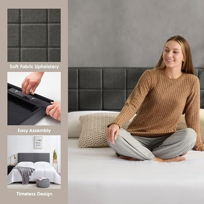 Hearth & Harbor Bed Headboard Queen Size, Square Tufted Linen Headboard Only, Upholstered Headboards, Wall Mounted, Adjustable Height 34”-42”, Grey - color: Gray, size: Queen