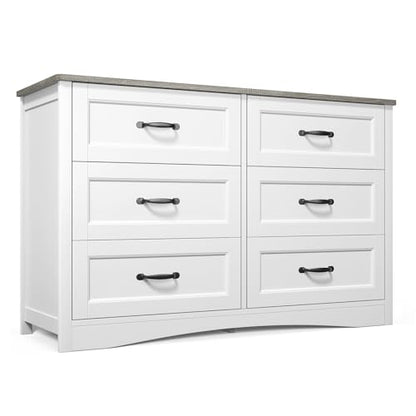 Gizoon 47" 6 Drawer Dresser, White & Grey Chest of Drawers Bedroom | 6 drawer wood dresser with metal handles. Storage cabinet organizer for bedroom, kids nursery room and home office - color: Grey