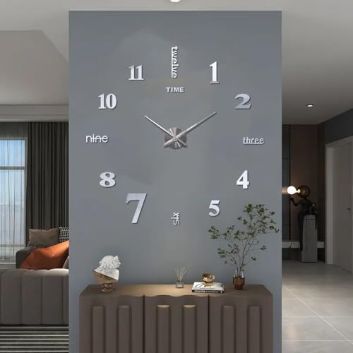 Frameless DIY Large Wall Clock Modern 3D Mirror Digital Big Wall Clocks for Living Room Bedroom Office Hotel Home Wall Decor (Silver) - color: Silver