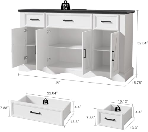 56" White Modern Farmhouse Sideboard Buffet Cabinet with Charging Station | 4 Doors 3 Drawers, Adjustable Shelves & Soft Close Hinges, Coffee Bar Cabinet for Kitchen Living Room Entryway, Easy Assembly - color: White, size: 3 drawers and 4 doors