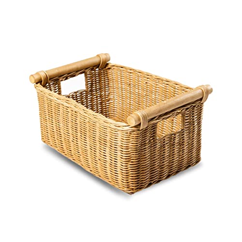 The Basket Lady Pole Handle Wicker Storage Basket, S, Sandstone | Outside: 14" L x 10" W x 7.5" H | Inside: 12"L x 8.5"W x 7"H - Handcrafted by artisans from natural rattan - color: Sandstone, size: Small