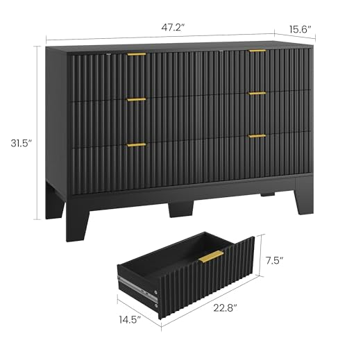IDEALHOUSE 6 Drawer Dresser for Bedroom, Fluted Dresser for Bedroom | Fluted Door, Sturdy Structure, Easy to Clean - color: Black, size: 47.2"D x 15.6"W x 31.5"H (6 Drawers)
