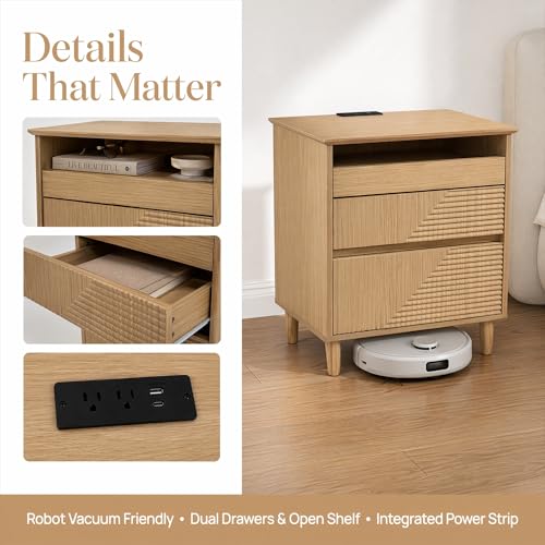 Nightstand with Charging Station, 3 Drawers Fluted Bedside Table, USB Ports Outlets, Mid Century Modern End Table, 1 Small and 2 Large Drawers, Natural Oak 、Walnut Finish (Natural Wood Color) - color: Natural Wood Color