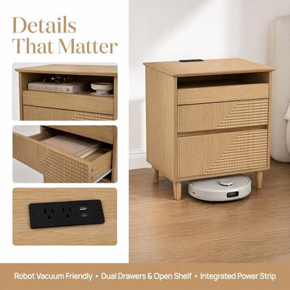 Nightstand with Charging Station, 3 Drawers Fluted Bedside Table, USB Ports Outlets, Mid Century Modern End Table, 1 Small and 2 Large Drawers, Natural Oak 、Walnut Finish (Natural Wood Color) - color: Natural Wood Color