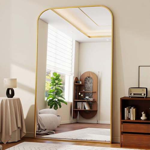 Oversized Full Length Mirror 81"x41" Arched Floor Standing Mirror | Large Full Body Mirrors with Stand - with Aluminum Frame for Bedroom Living Room, Gold - color: Gold, size: 81"L x 41"W